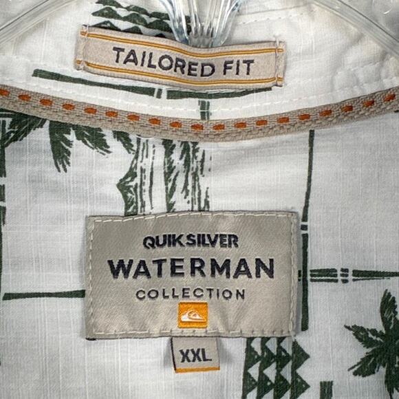 Quiksilver Waterman Hawaiian Camp Shirt Mens XXL White Green Palm AOP Tiki Aloha - Picture 6 of 9